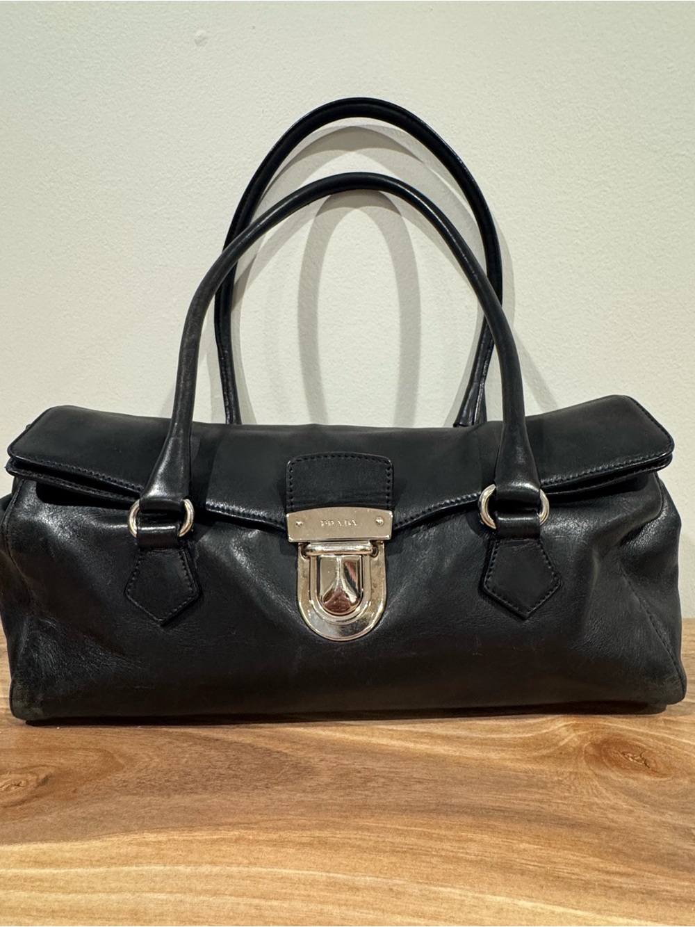 Prada Vintage Vitello Daino Black Leather Satchel Shoulder Bag